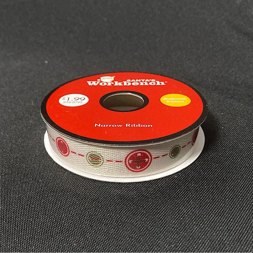 ❤️‍🔥 Santa’s Workbench Holiday Button Patterned Craft Ribbon 5/8” x 108”
